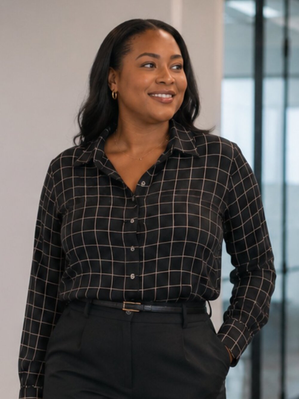 J.Crew Windowpane Pattern Blouse, Sz. Large, Flowy, Preppy, Business Casual